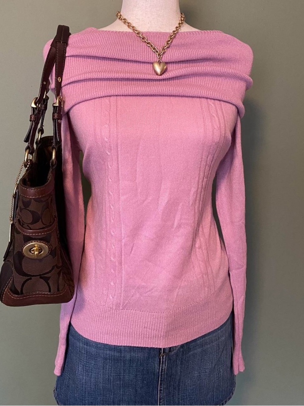 Pink Off-Shoulder Cable Knit Women's Sweater